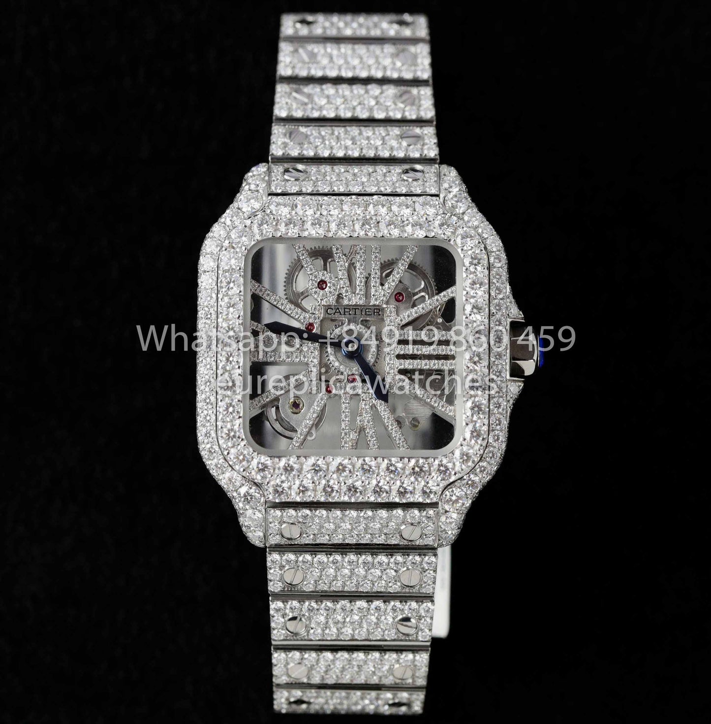 Santos De Cartier Skeleton Moissanite Iced Out Watch Square Dial  1:1 Best Clone