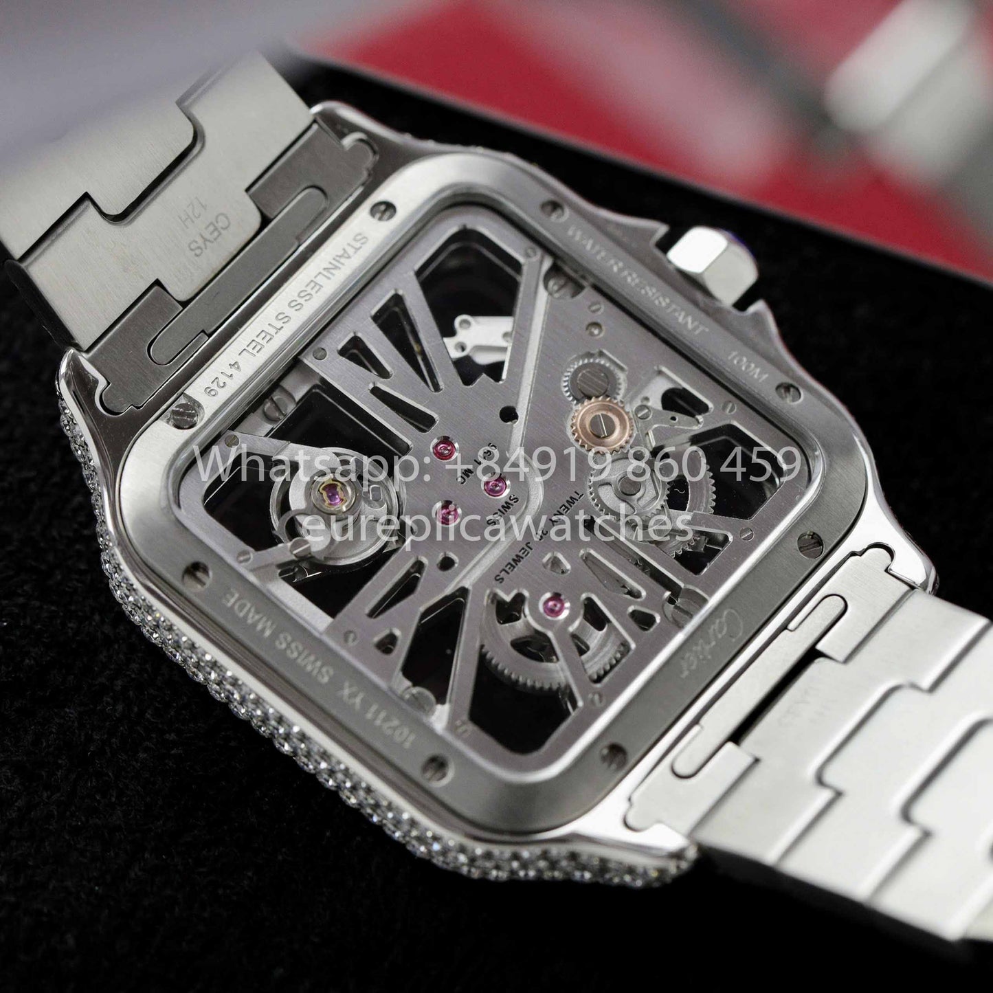 Santos De Cartier Skeleton Moissanite Iced Out Watch Square Dial  1:1 Best Clone